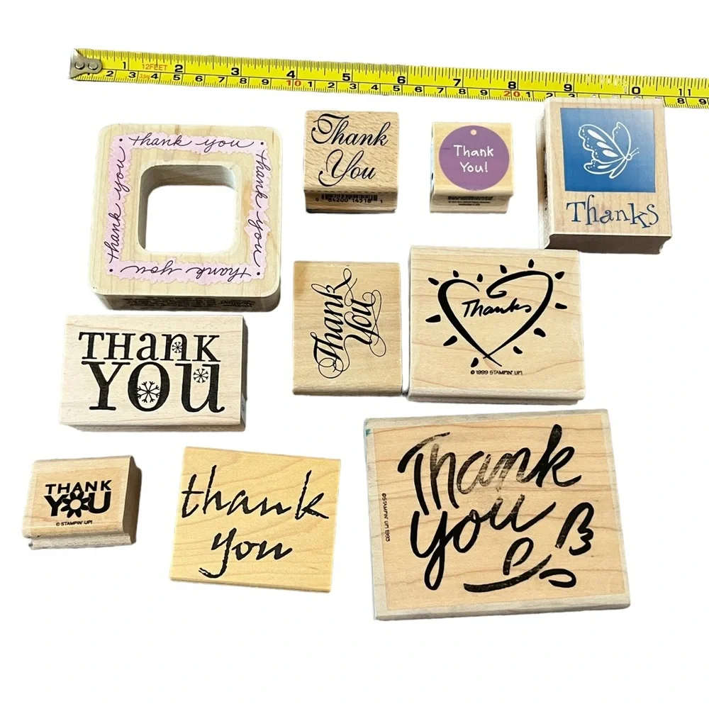 Lot of 10 thank you rubber stamps. Most of the stamps are brand new.